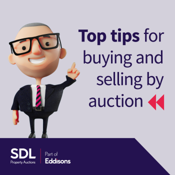 Promotional graphic featuring an animated brand character with glasses, a suit, and striped tie, representing SDL Property Auctions. The image includes text that reads "Top tips for buying and selling by auction" with the SDL logo and the tagline "Part of Eddisons" visible.